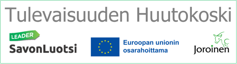 Tulevaisuuden Huutokoski -hankkeen rahoittajien logot: SavonLuotsi Leader ry, Joroisten kunta sekä logo siitä, että hanke on Euroopan unionin osarahoittama.