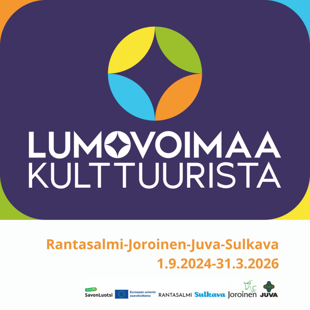 Lumovoimaa kulttuurista -hankkeen logo, tiedot hankekunnista ja rahoittajasta sekä hankeajasta 1.9.2024-31.3.2026